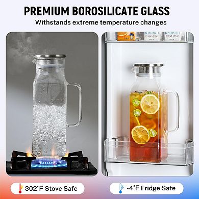 2 Pack Square Glass Pitcher with Lid Handle for Hot/Cold Drinks 68 Oz