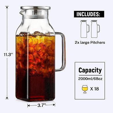 2 Pack Square Glass Pitcher with Lid Handle for Hot/Cold Drinks 68 Oz