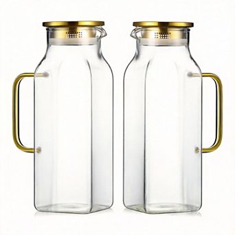 2 Pack Square Glass Pitcher with Lid Handle for Hot/Cold Drinks 68 Oz