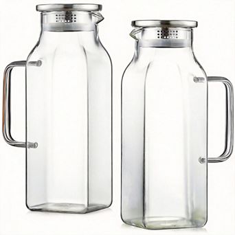 2 Pack Square Glass Pitcher with Lid Handle for Hot/Cold Drinks 68 Oz