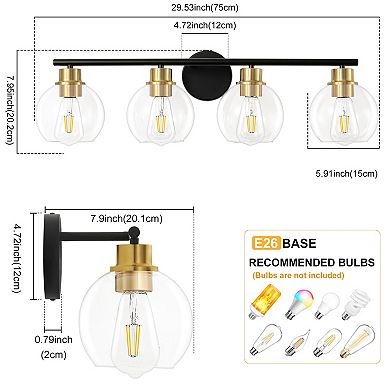 POWLIG 29.53" 4-Light Dimmable Bathroom Vanity Light - Gold Finish with Clear Glass Shades