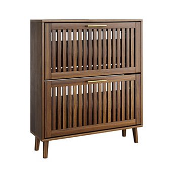 Medieval Modern Walnut Shoe Storage Cabinet With 2 Flip Drawers and Fence Design