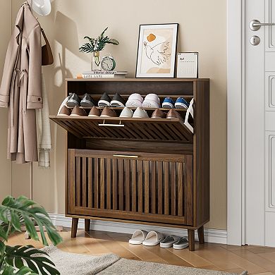 Medieval Modern Walnut Shoe Storage Cabinet With 2 Flip Drawers and Fence Design