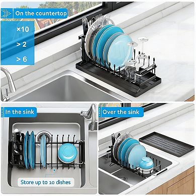 Expandable Mini Dish Rack with Silicone Mat for 1-2 People