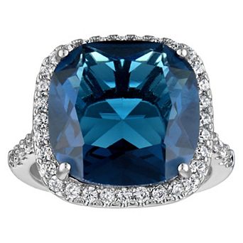 Ivy Sharpe Silver Tone Simulated London Blue Topaz & Cubic Zirconia Halo Ring