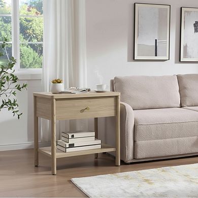 ZUQIETA Wood End Table with Drawer-Mid-Century Modern Nightstand with Solid Wood Legs,Light Walnut