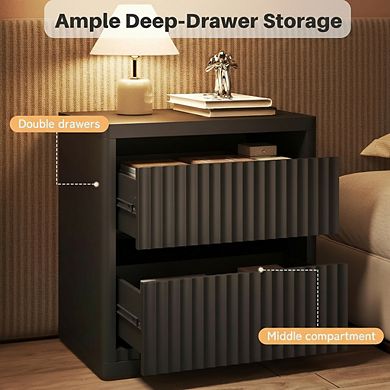 ZUQIETA Mid-Century Fluted Nightstand with 2 Drawers, Large Wide Wood Bedside Table, Black