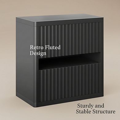 ZUQIETA Mid-Century Fluted Nightstand with 2 Drawers, Large Wide Wood Bedside Table, Black