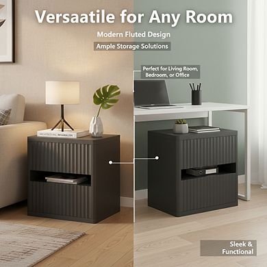 ZUQIETA Mid-Century Fluted Nightstand with 2 Drawers, Large Wide Wood Bedside Table, Black