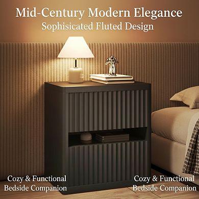ZUQIETA Mid-Century Fluted Nightstand with 2 Drawers, Large Wide Wood Bedside Table, Black