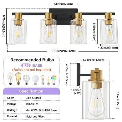 POWLIG 4-Light Dimmable Bathroom Vanity Light - Cylinder Glass Shades, 27.36" Makeup & Mirror