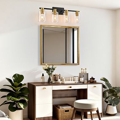 POWLIG 4-Light Dimmable Bathroom Vanity Light - Cylinder Glass Shades, 27.36" Makeup & Mirror