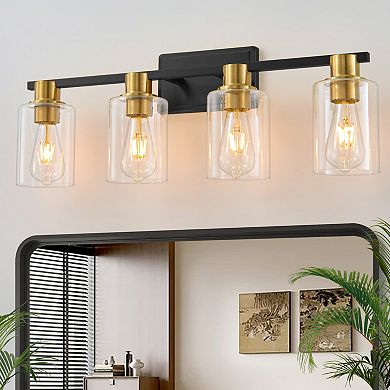 POWLIG 4-Light Dimmable Bathroom Vanity Light - Cylinder Glass Shades, 27.36" Makeup & Mirror