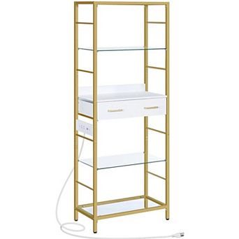 5 tier Bookcase w/ Charging Station Bookshelf with Drawer Storage Shelves