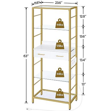 5 Tier Bookcase w/ Charging Station Bookshelf with Drawer Storage Shelves