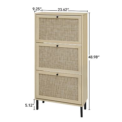 Rattan Freestanding Modern Storage Cabinet with 3 Door Shoe Rack