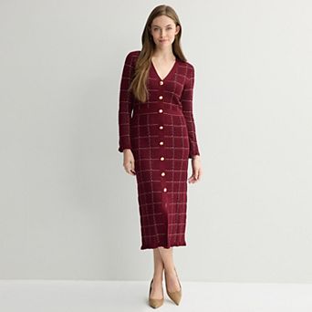 Petite Sandra Darren Sweater Long Sleeve V-Neck Button-Front Plaid Dress