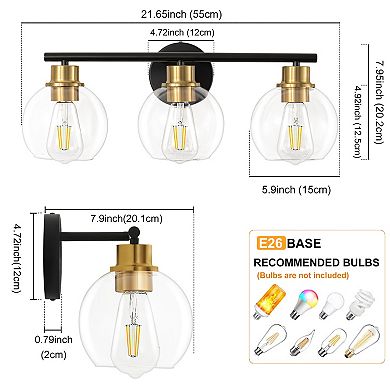 POWLIG 21.65" 3-Light Dimmable Bathroom Vanity Light - Nickel Finish with Clear Glass Shades