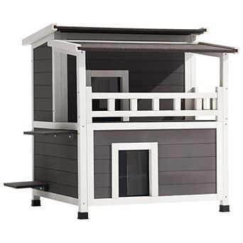 Two-Story Outdoor Wooden Cat House with Foam-Insulated Walls and Raised Legs - White, Grey