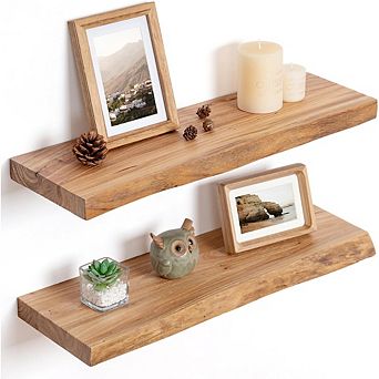 KSIZUIS Live Edge Floating Shelves - Solid Elm Wood with Invisible Bracket, Set of 2, 24”