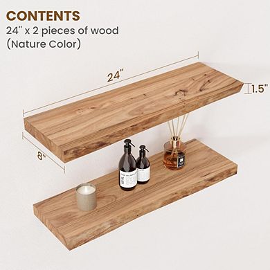 KSIZUIS Live Edge Floating Shelves - Solid Elm Wood with Invisible Bracket, Set of 2, 24”