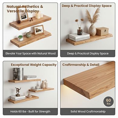 KSIZUIS Live Edge Floating Shelves - Solid Elm Wood with Invisible Bracket, Set of 2, 24”