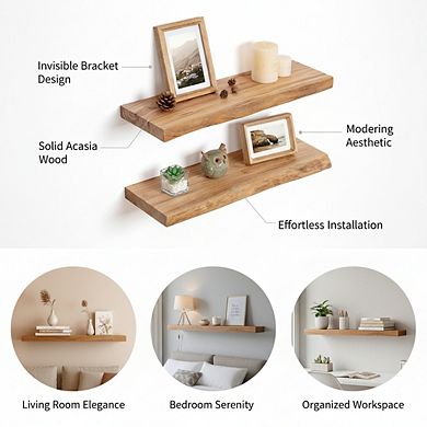 KSIZUIS Live Edge Floating Shelves - Solid Elm Wood with Invisible Bracket, Set of 2, 24”