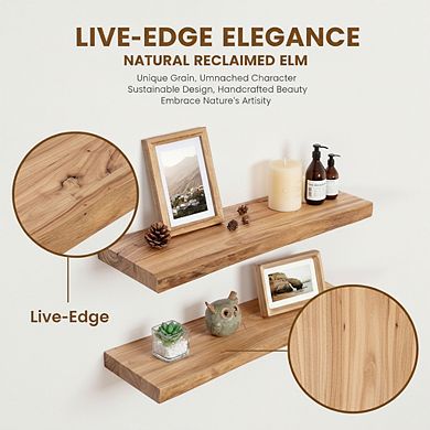 KSIZUIS Live Edge Floating Shelves - Solid Elm Wood with Invisible Bracket, Set of 2, 24”