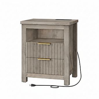 ZUQIETA Fluted Nightstand with Charging Station&2 Drawers,Farmhouse Greige Engineered Wood