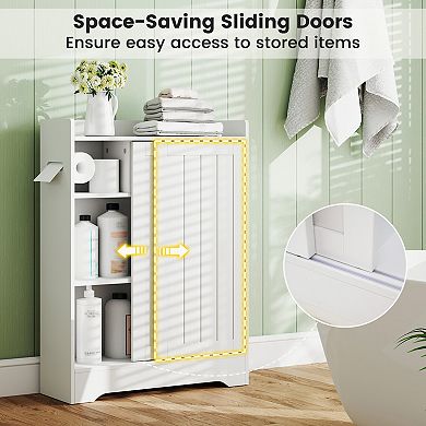 Slim Bathroom Floor Storage Cabinet with Integrated bath fixture Paper Holders