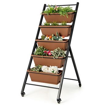 Costway 5 tier Vertical Raised Garden Bed Elevated Planter with Wheels & Container Boxes Brown