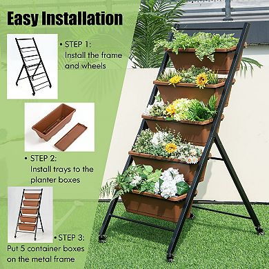 Costway 5-Tier Vertical Raised Garden Bed Elevated Planter with Wheels & Container Boxes Brown