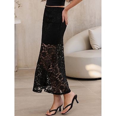 Maxi Lace Skirt for Women's Elastic High Waisted Flowy Summer Casual Long Skirts