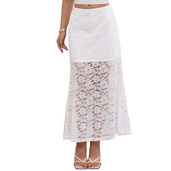 Maxi Lace Skirt for Women's Elastic High Waisted Flowy Summer Casual Long Skirts