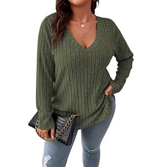 Womens Plus Size V Neck Long Sleeve Shirt Tops Tunic Dressy Casual Sweater Cute Trendy Work Outfits