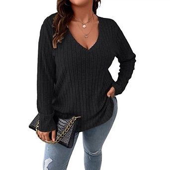 Womens Plus Size V Neck Long Sleeve Shirt Tops Tunic Dressy Casual Sweater Cute Trendy Work Outfits