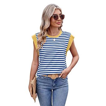 Womens Tank Tops Summer Casual Cap Sleeve Striped Shirt Crewneck T Shirts Loose Blouses