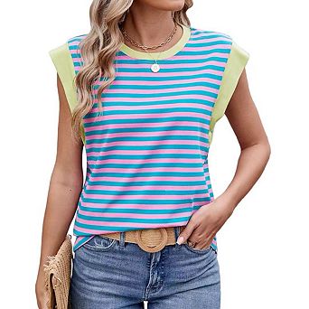 Womens Tank Tops Summer Casual Cap Sleeve Striped Shirt Crewneck T Shirts Loose Blouses