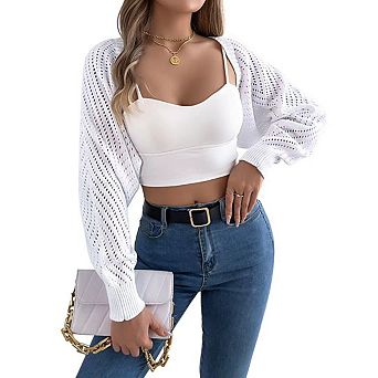 Womens Open Front Cropped Bolero Shrugs Drop Shoulder Long Sleeve Loose Fit Cardigan Sweater Tops