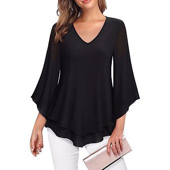 Womens Tops Dressy Casual 3/4 Bell Sleeve Blouses Double Layered Chiffon Work Tunic Shirts