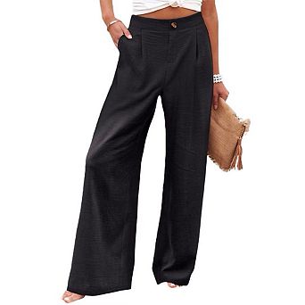 Womens Wide Leg Long Pants Casual Button Up Elastic Waist Business Office Straight Pants with Pocket