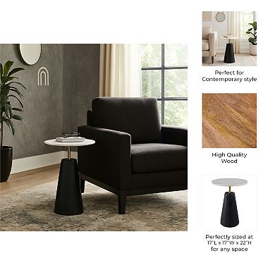 Timeless Marble Top End Table with Fluted Base Accent - Compact Small Side Table - 22", Black