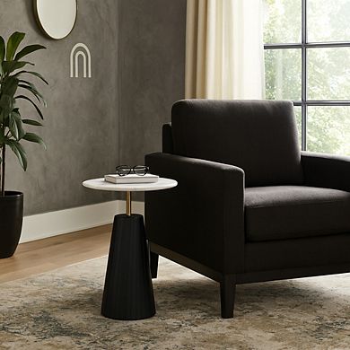 Timeless Marble Top End Table with Fluted Base Accent - Compact Small Side Table - 22", Black