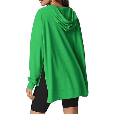 Womens Oversized Hoodies Casual Long Sleeve Waffle Knit Drawstring Side Slit Pullover Sweatshirts