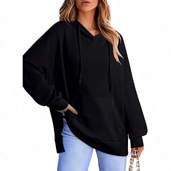 Womens Oversized Hoodies Casual Long Sleeve Waffle Knit Drawstring Side Slit Pullover Sweatshirts
