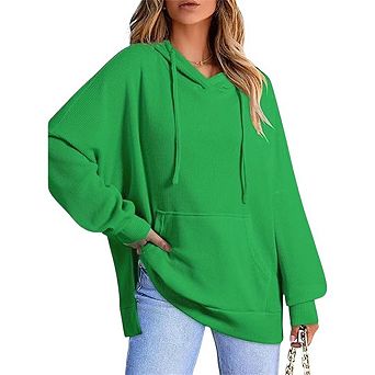 Womens Oversized Hoodies Casual Long Sleeve Waffle Knit Drawstring Side Slit Pullover Sweatshirts