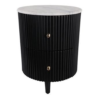Round Side Table with Fluted Wood Base and Marble Top - Storage Drawers - 21", Black