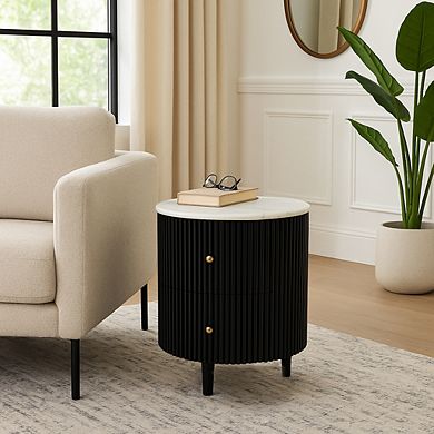 Round Side Table with Fluted Wood Base and Marble Top - Storage Drawers - 21", Black