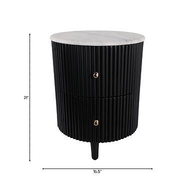 Round Side Table with Fluted Wood Base and Marble Top - Storage Drawers - 21", Black