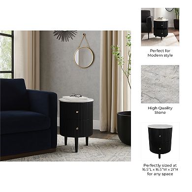 Round Side Table with Fluted Wood Base and Marble Top - Storage Drawers - 21", Black